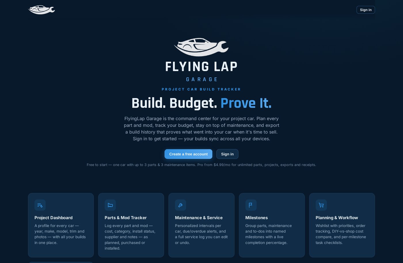 FlyingLap Garage landing page