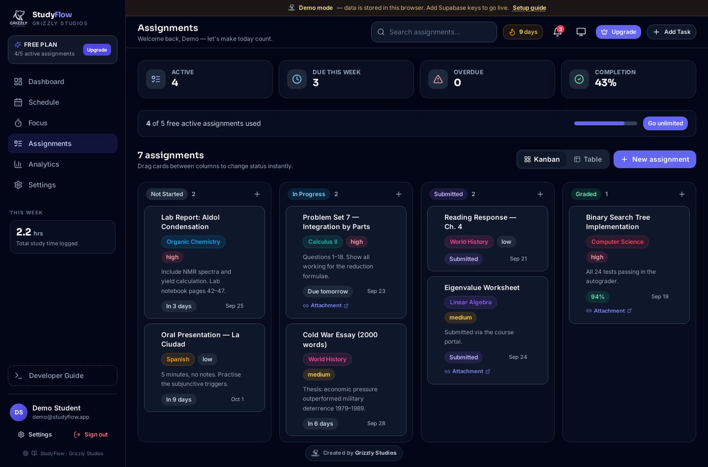 StudyFlow assignment board in dark mode
